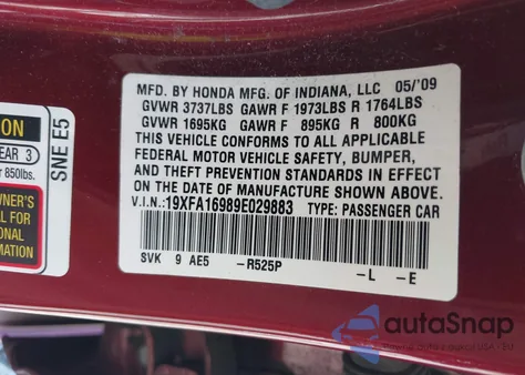 2009 Honda Civic Ex-L z USA, uszkodzony, nr VIN 19XFA16989E029883